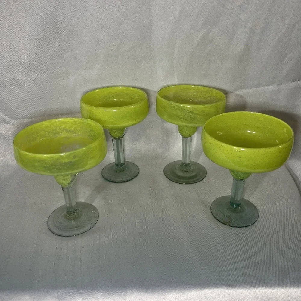 Set Of 4‎ Mexican Hand Blown Glass Margarita Glasses